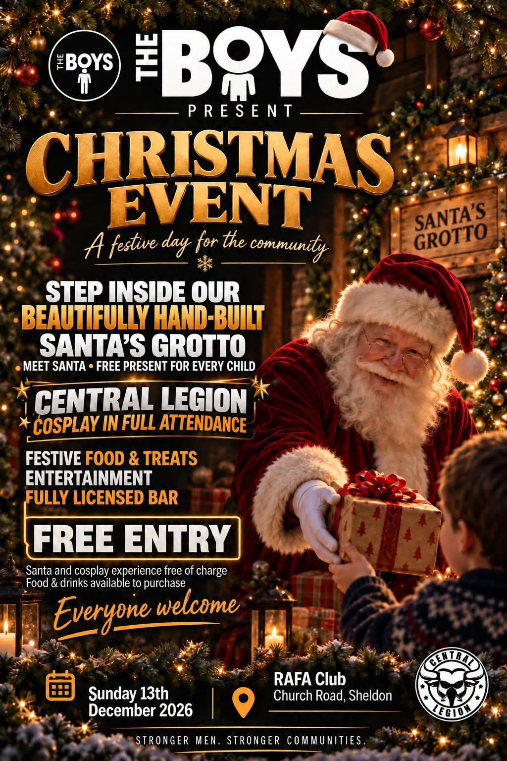 Event flyer for The Boys Christmas Event on Sunday 13 December 2026 at RAFA Club, Church Road, Sheldon — featuring Santa's Grotto, Central Legion cosplay, free entry, festive food and a fully licensed bar